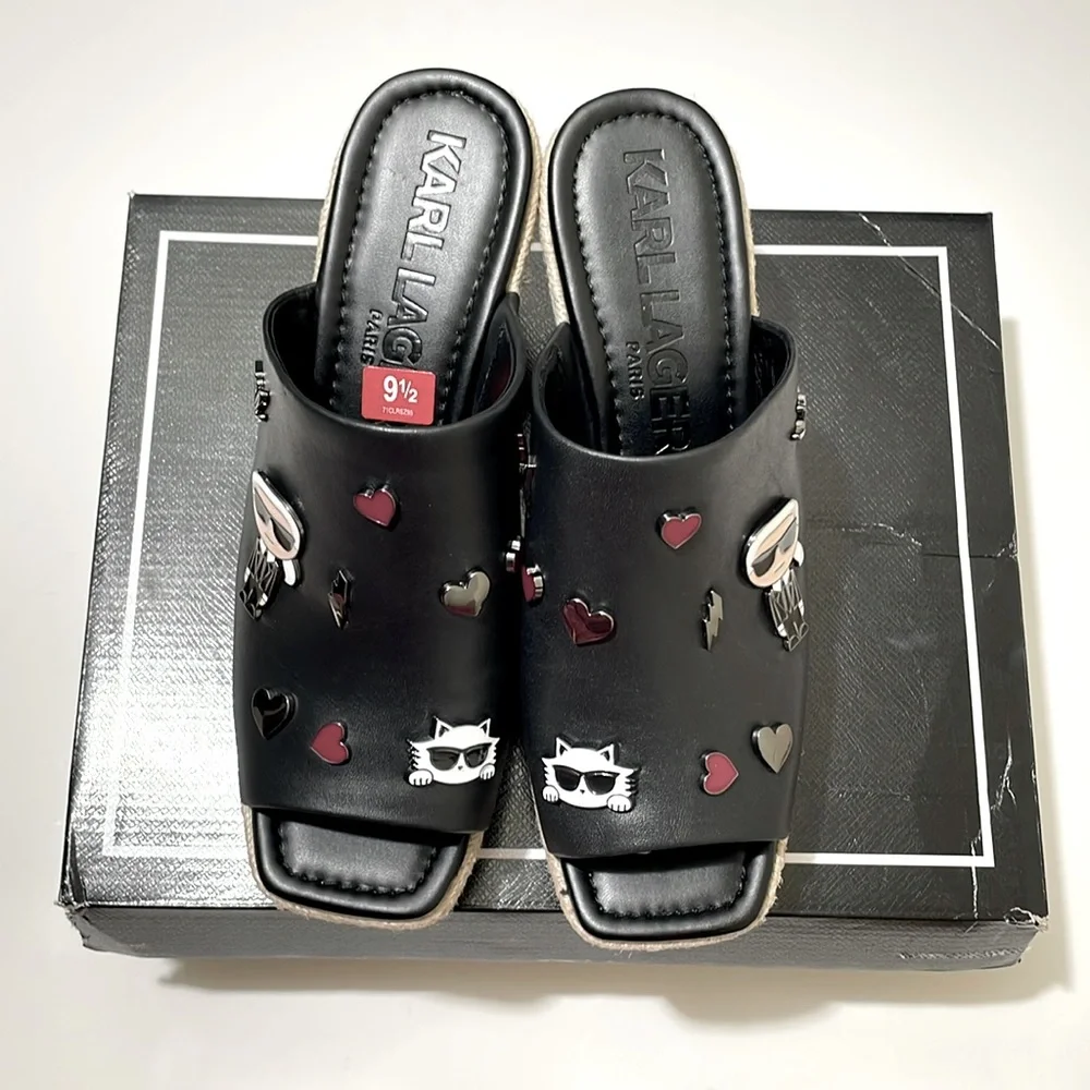 NIB KARL LAGERFELD Paris Black Leather Wedge Size 9.5 M